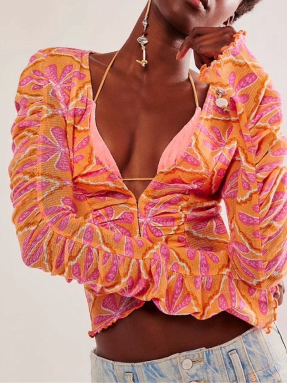 Free People Though the Meadow Grapefruit Seltzer long sleeve top NWT Medium
